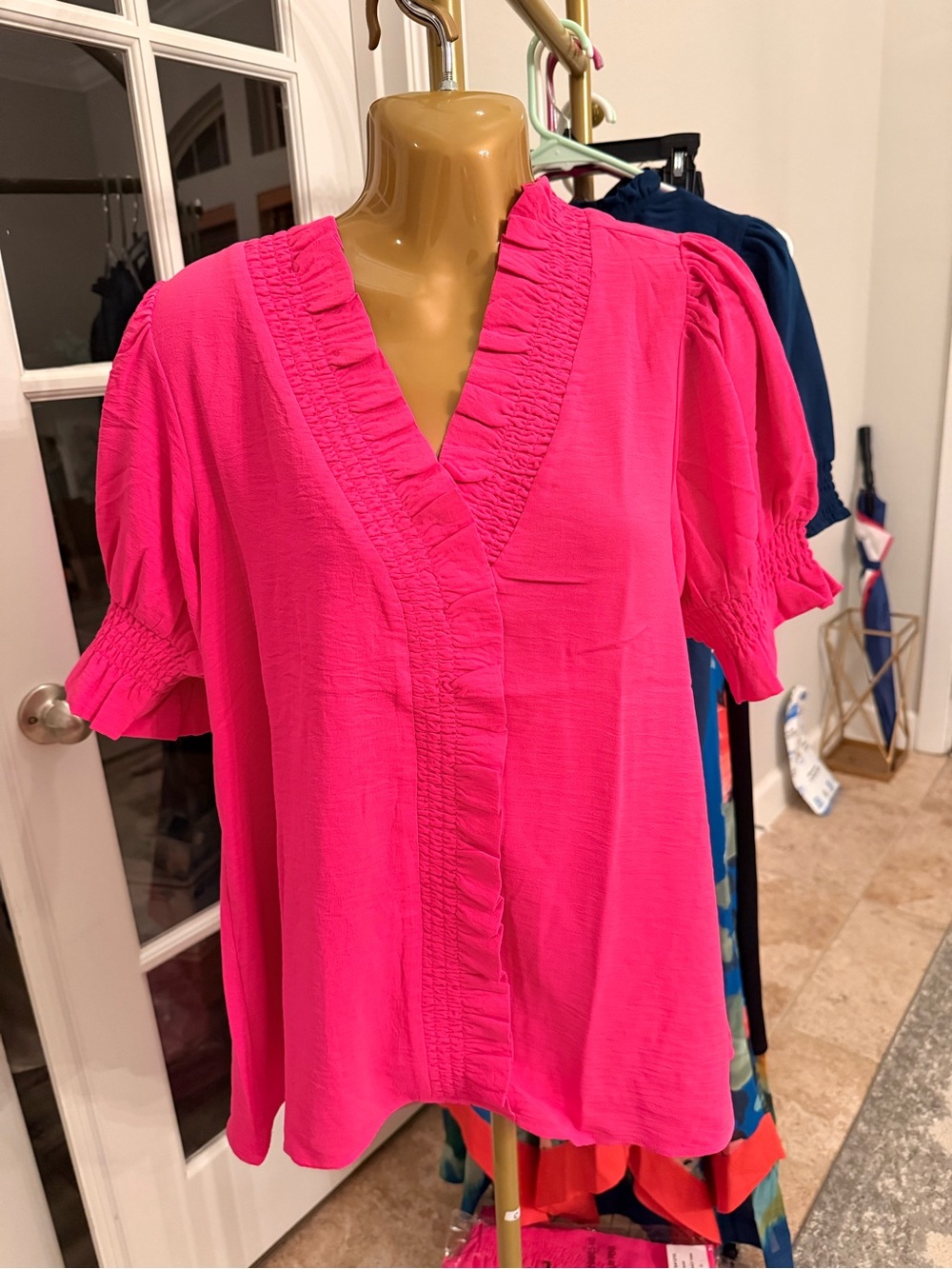 JODIFL Hot Pink V-Neck Ruffle Trim Blouse